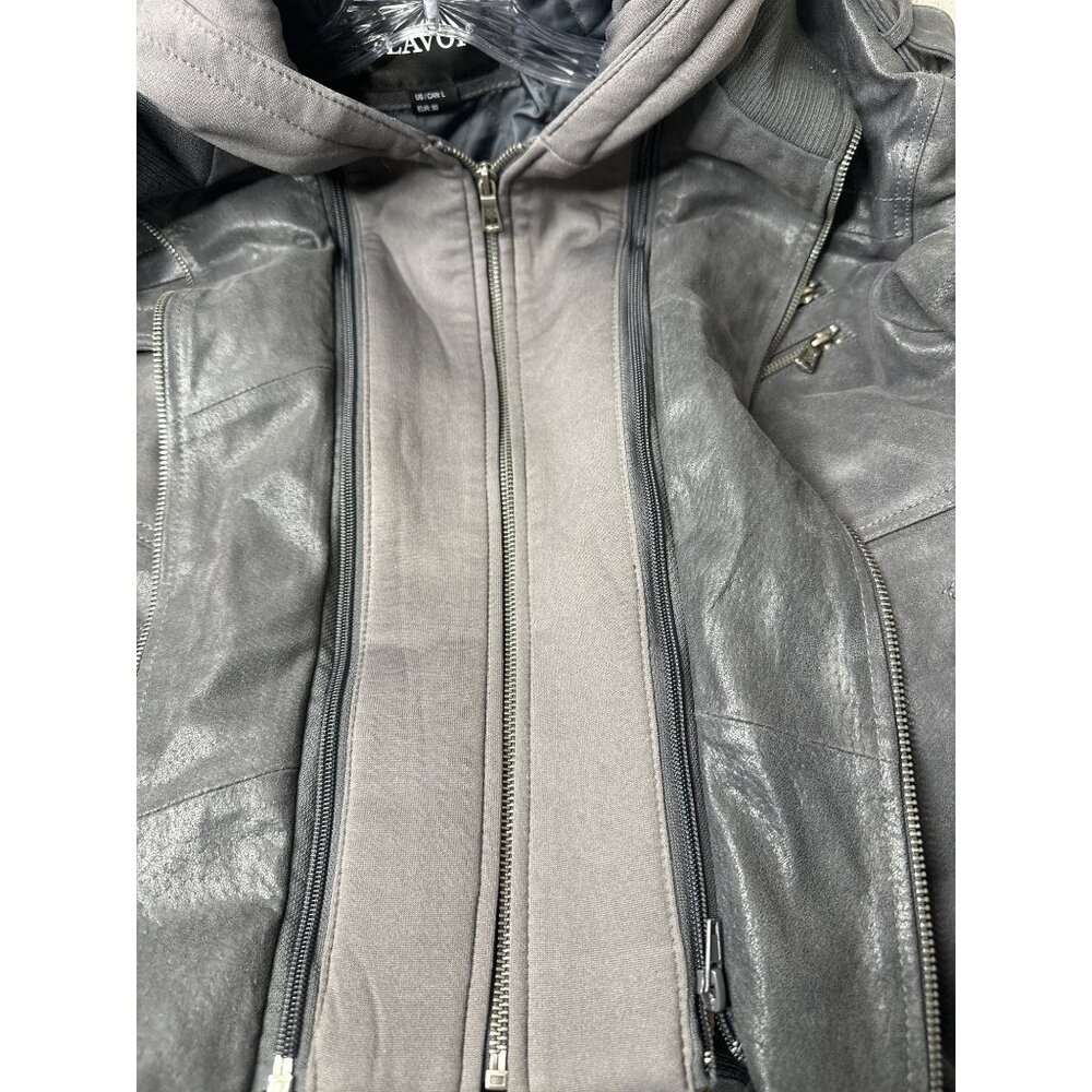 Mens Large Flavor Pigskin Leather Motorcycle Jacket Gray w/ Detachable Hood - Picture 4 of 10